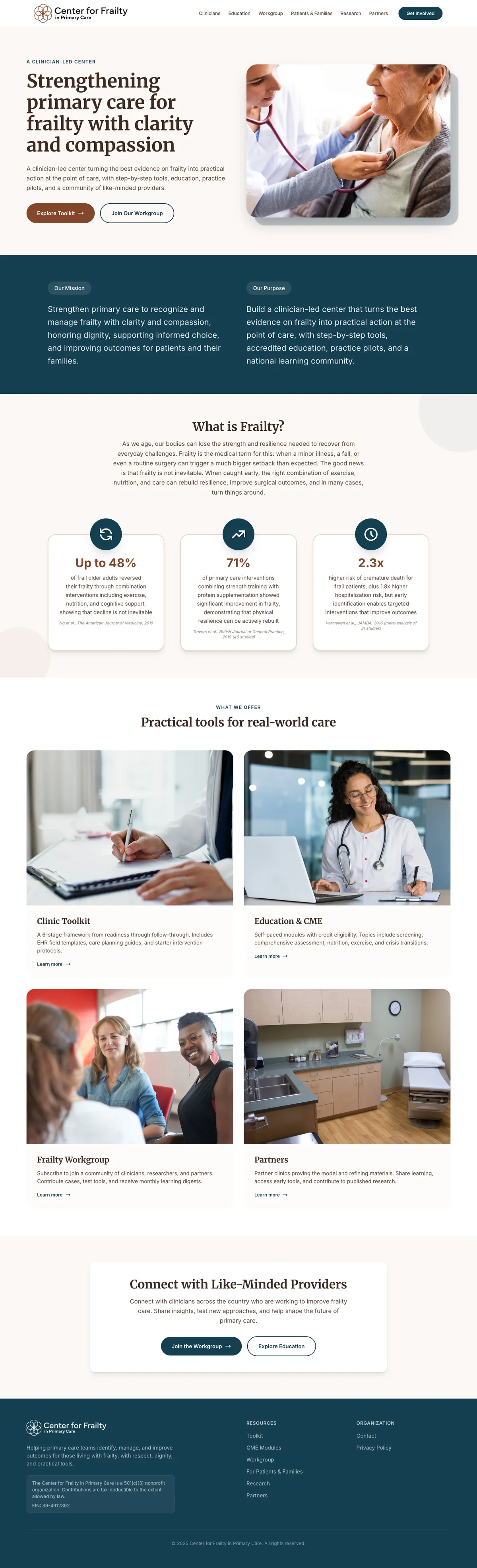 Homepage of the Center for Frailty website, designed and built by Avalore