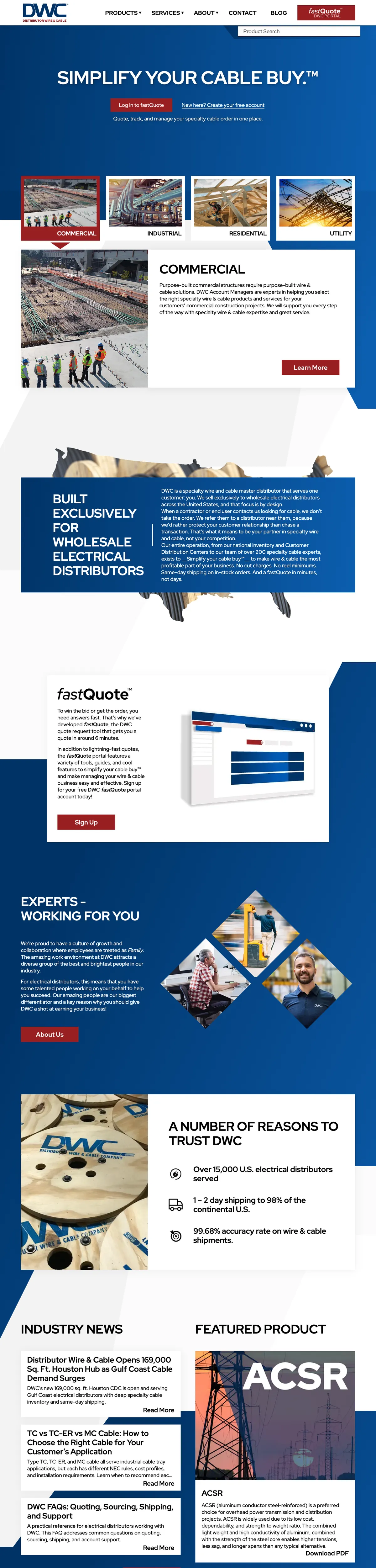 Homepage of the Distributor Wire & Cable website, designed and built by Avalore