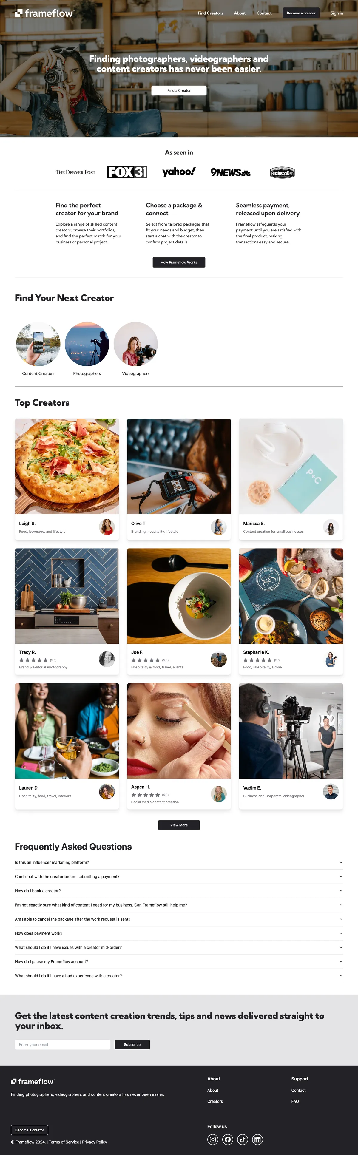 Homepage of the Frameflow website, designed and built by Avalore