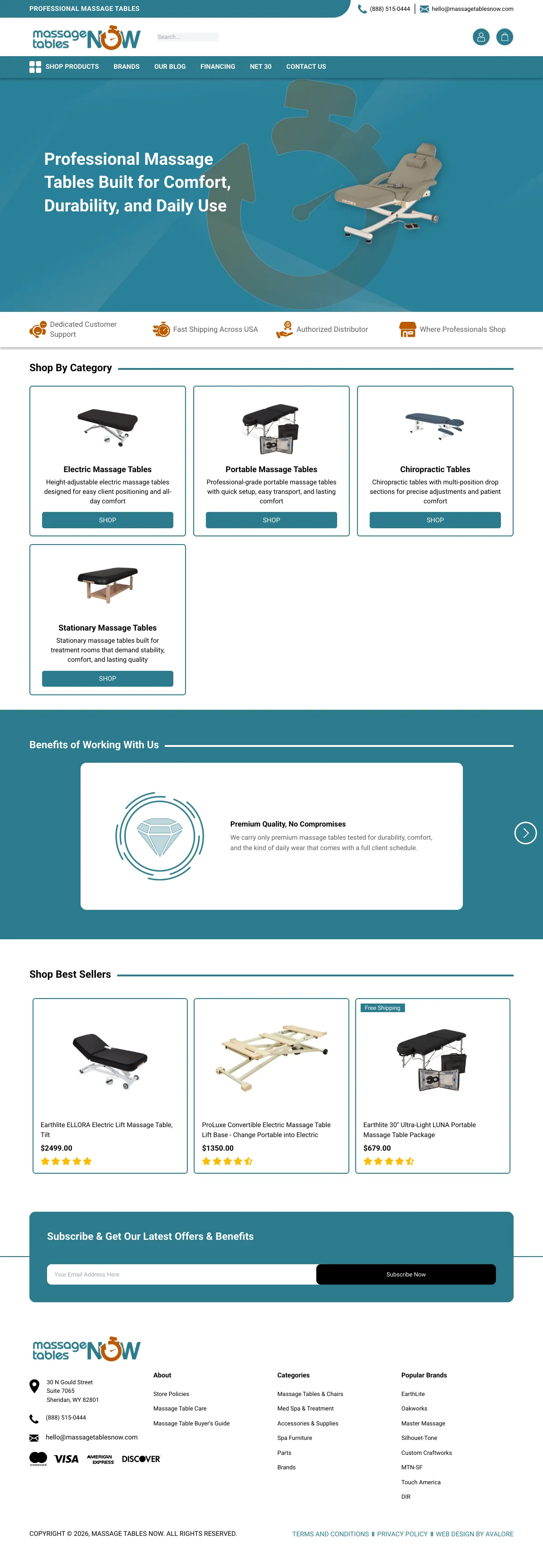 Homepage of the Massage Tables Now website, designed and built by Avalore