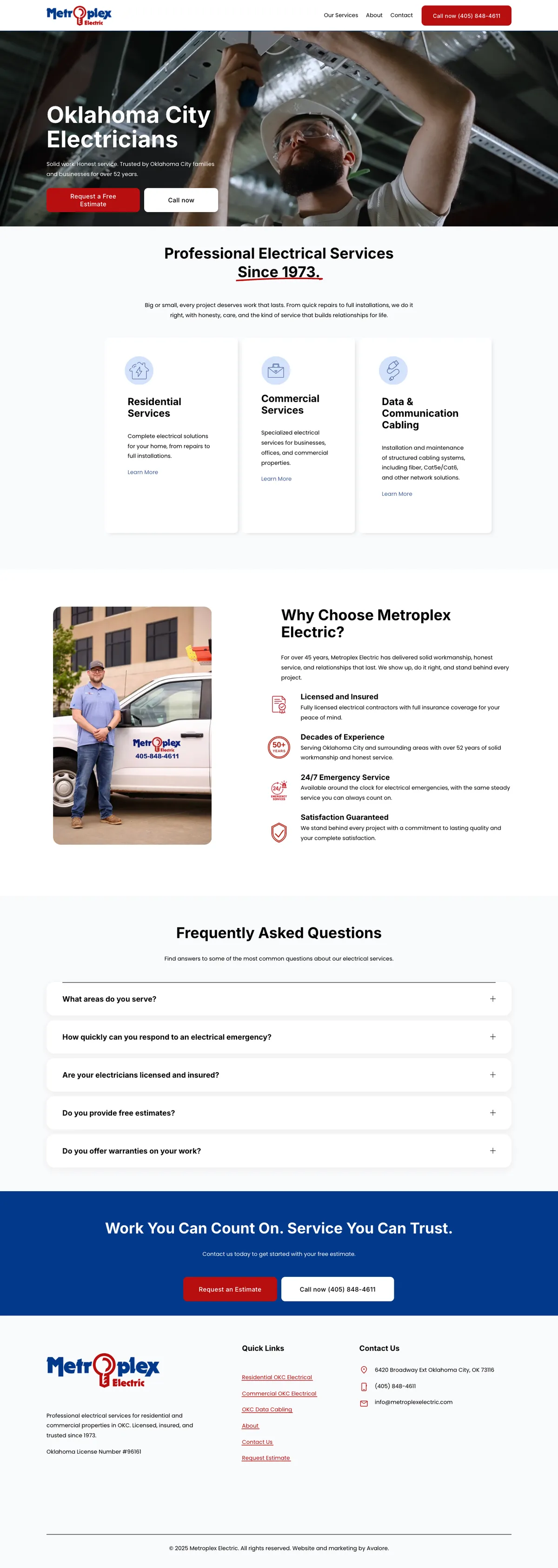 Homepage of the Metroplex Electric website, designed and built by Avalore