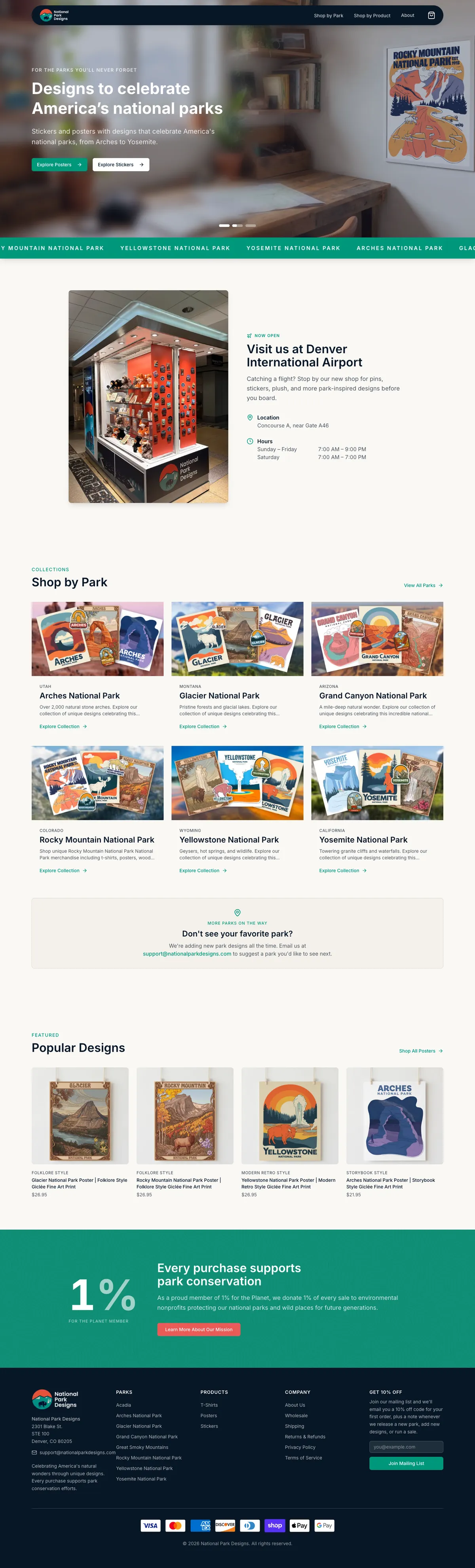 Homepage of the National Park Designs website, designed and built by Avalore
