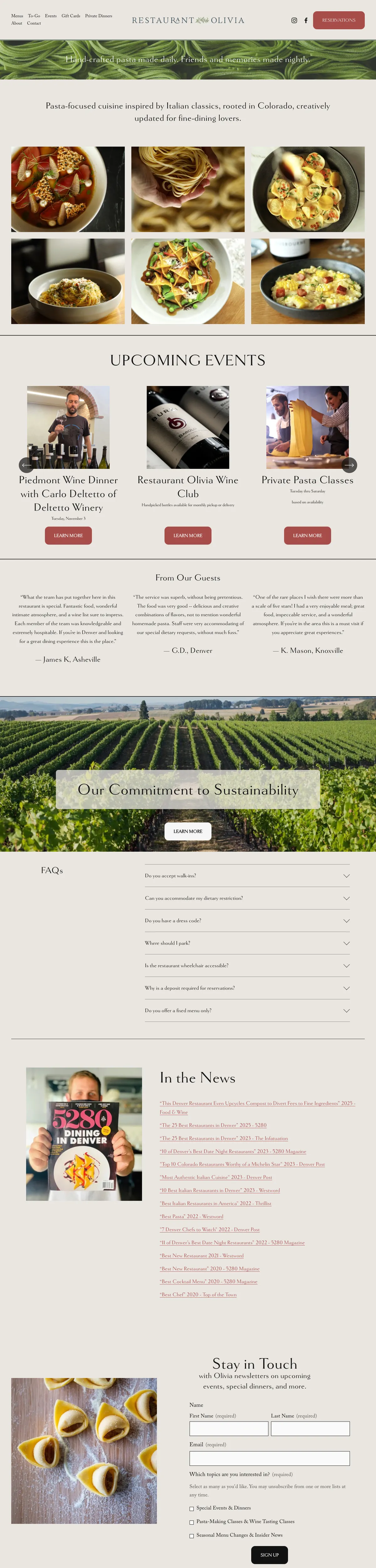 Homepage of the Restaurant Olivia website, designed and built by Avalore