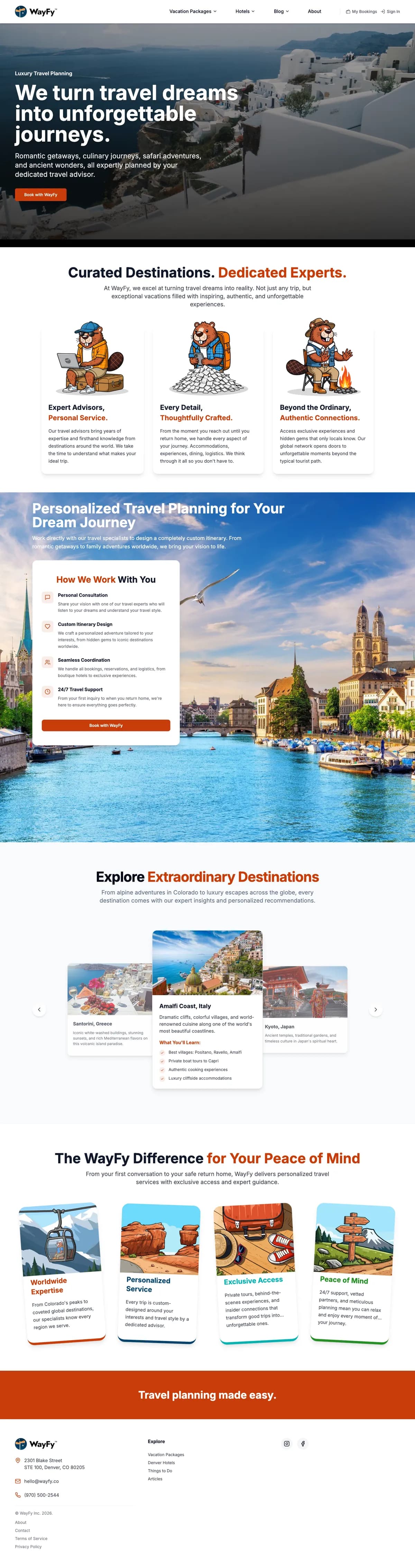Homepage of the WayFy website, designed and built by Avalore